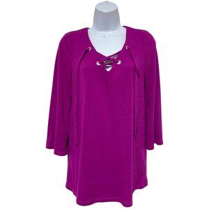 Kensie-Women's Medium Top Purple Half Sleeve Pullover Criss Cross V-Neckline